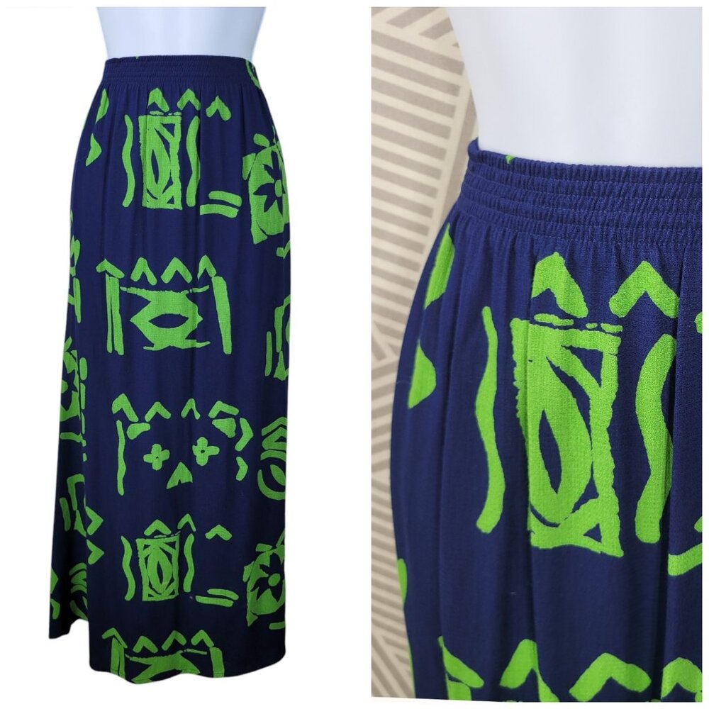 Vintage Floral Skirt Size 14 Large Elastic Stretch Waist Purple Blue Knee Length